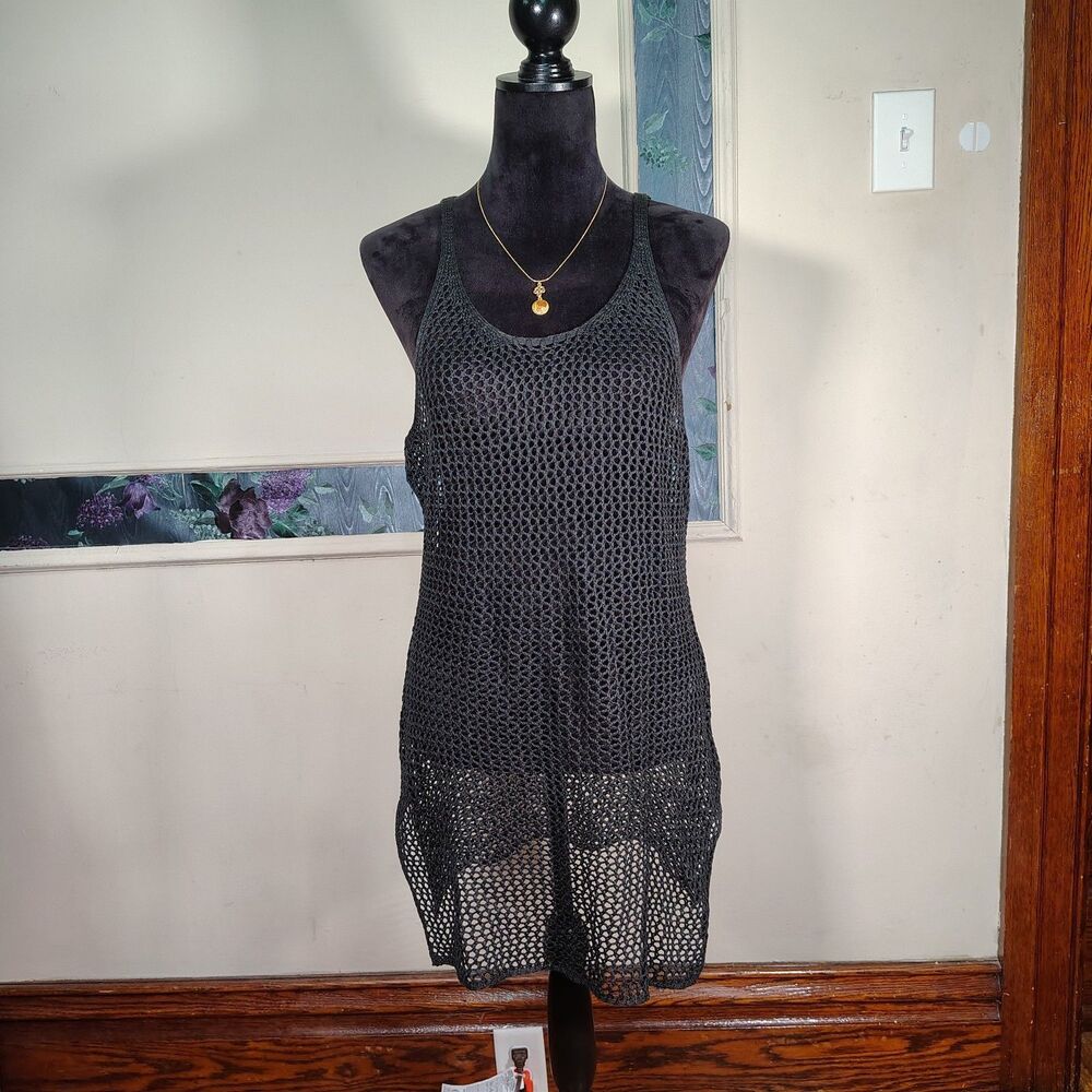 Boho Crochet Blk Hippie Tank Top Mini Dress Festival Cover Up/T500